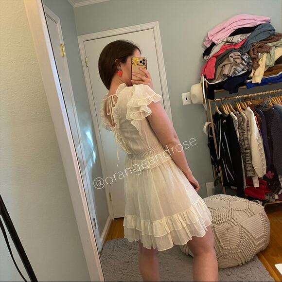 NWT Rebecca Taylor White Gold Ruffle Short Sleeve Fit Flare Mini Dress Large - Picture 5 of 14